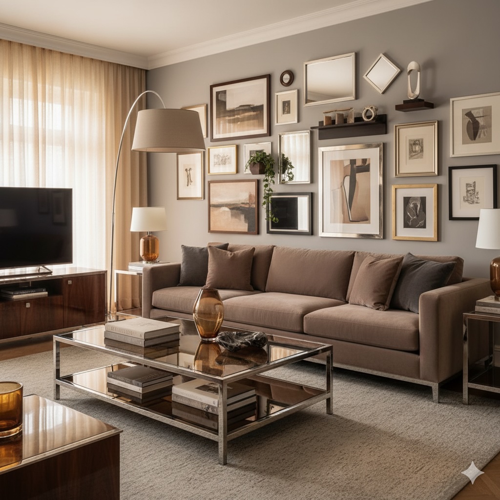 Modern Vintage Living Room Gallery Wall with Chrome, Amber Glass and Mixed Frames