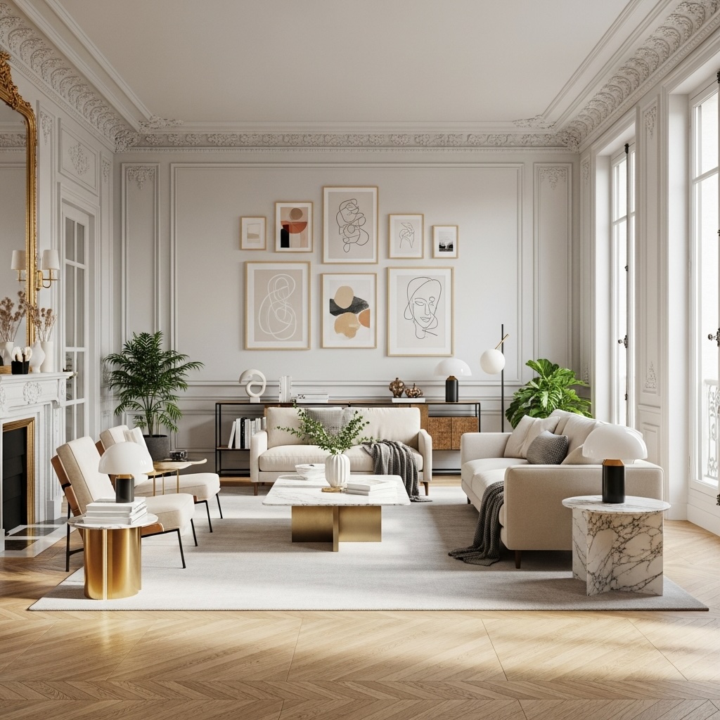 Parisian Modern Living Room Gallery Wall with Light Oak Frames, Cream Sofa and Black & Gold Accents