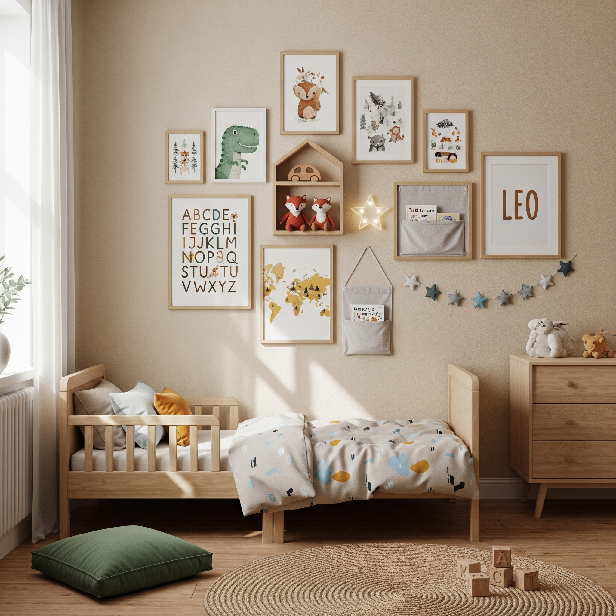 Boy Bedroom Gallery Wall with White and Oak Frames and Cabin Shelf