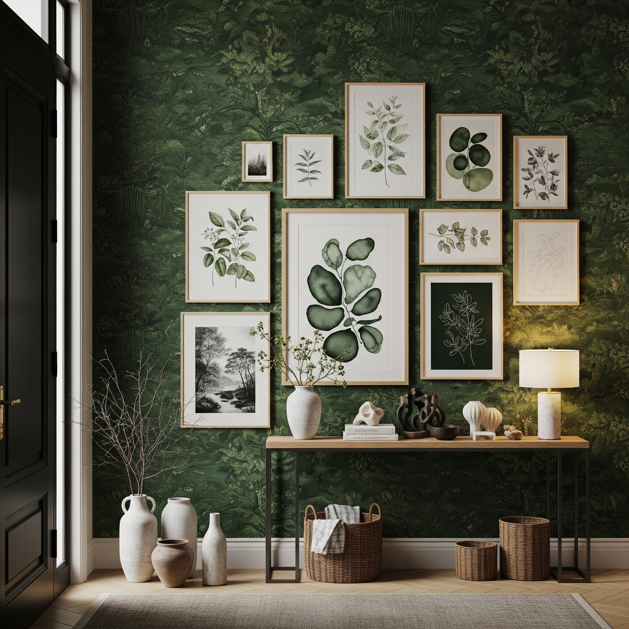Entryway Gallery Wall with Green Wallpaper, Oak Furniture, and Black Entrance Door