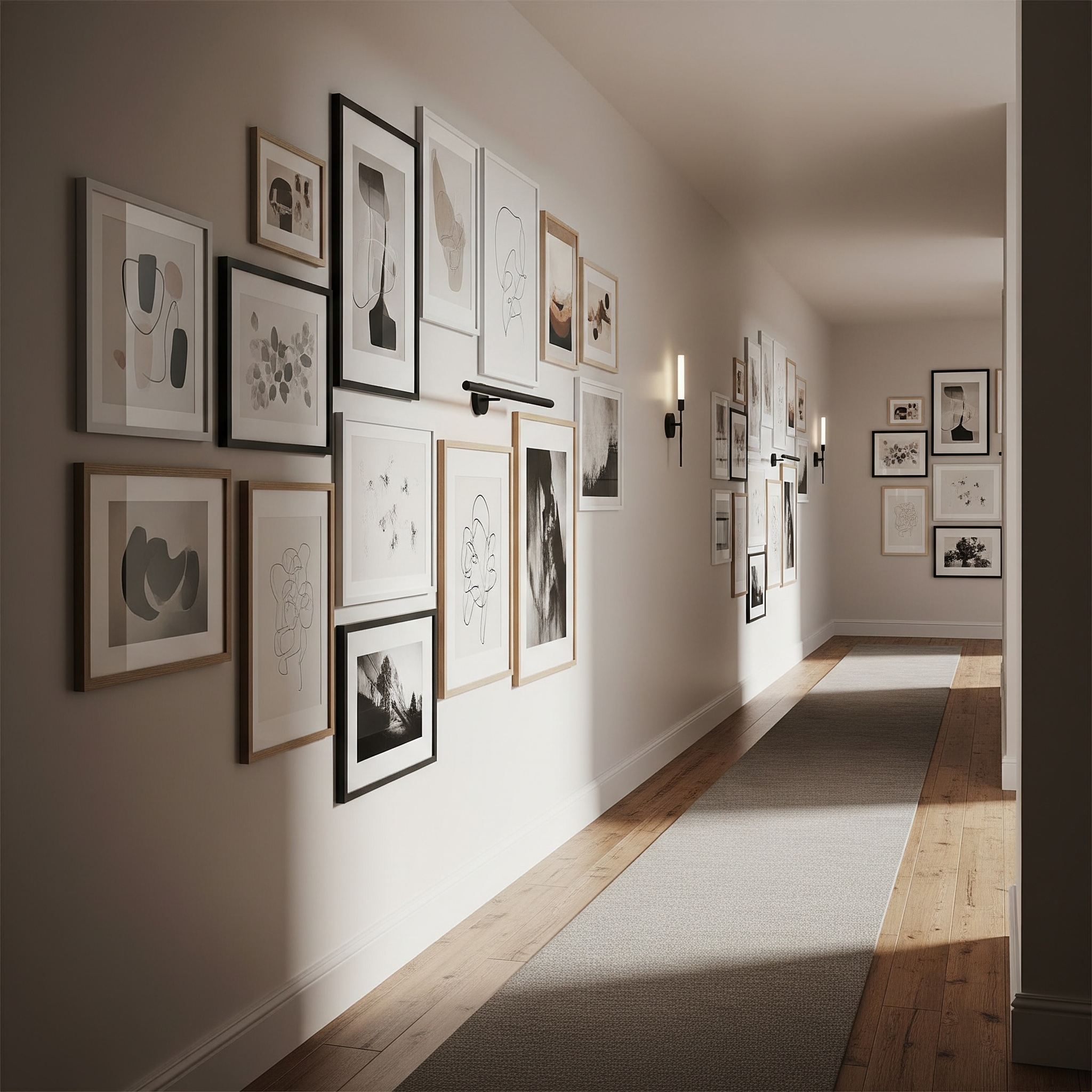 Hallway Gallery Wall with Cream Walls, Oak Floors, and White, Black & Oak Frames