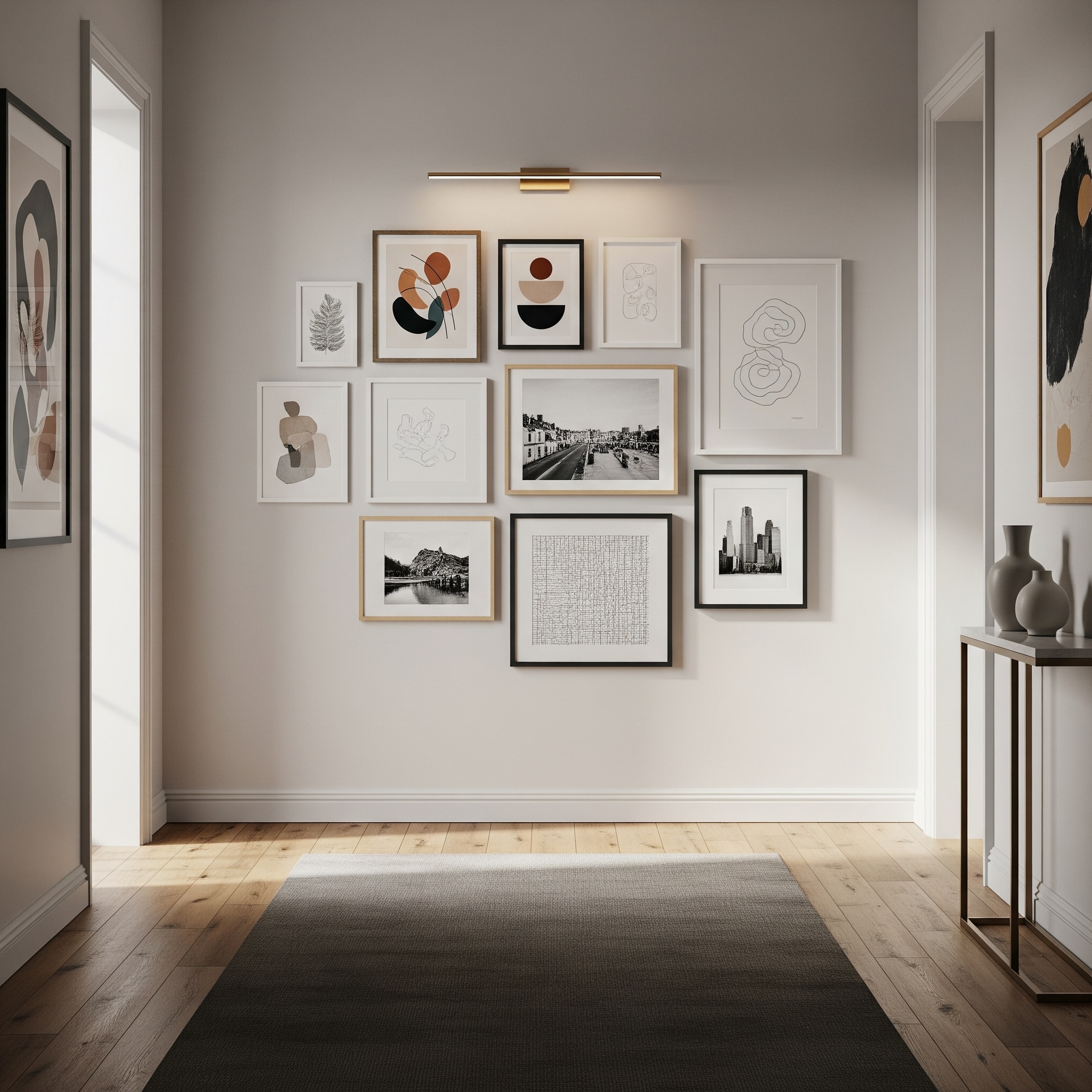 Entryway Gallery Wall with Neutral Cream Walls and White, Black & Oak Frames