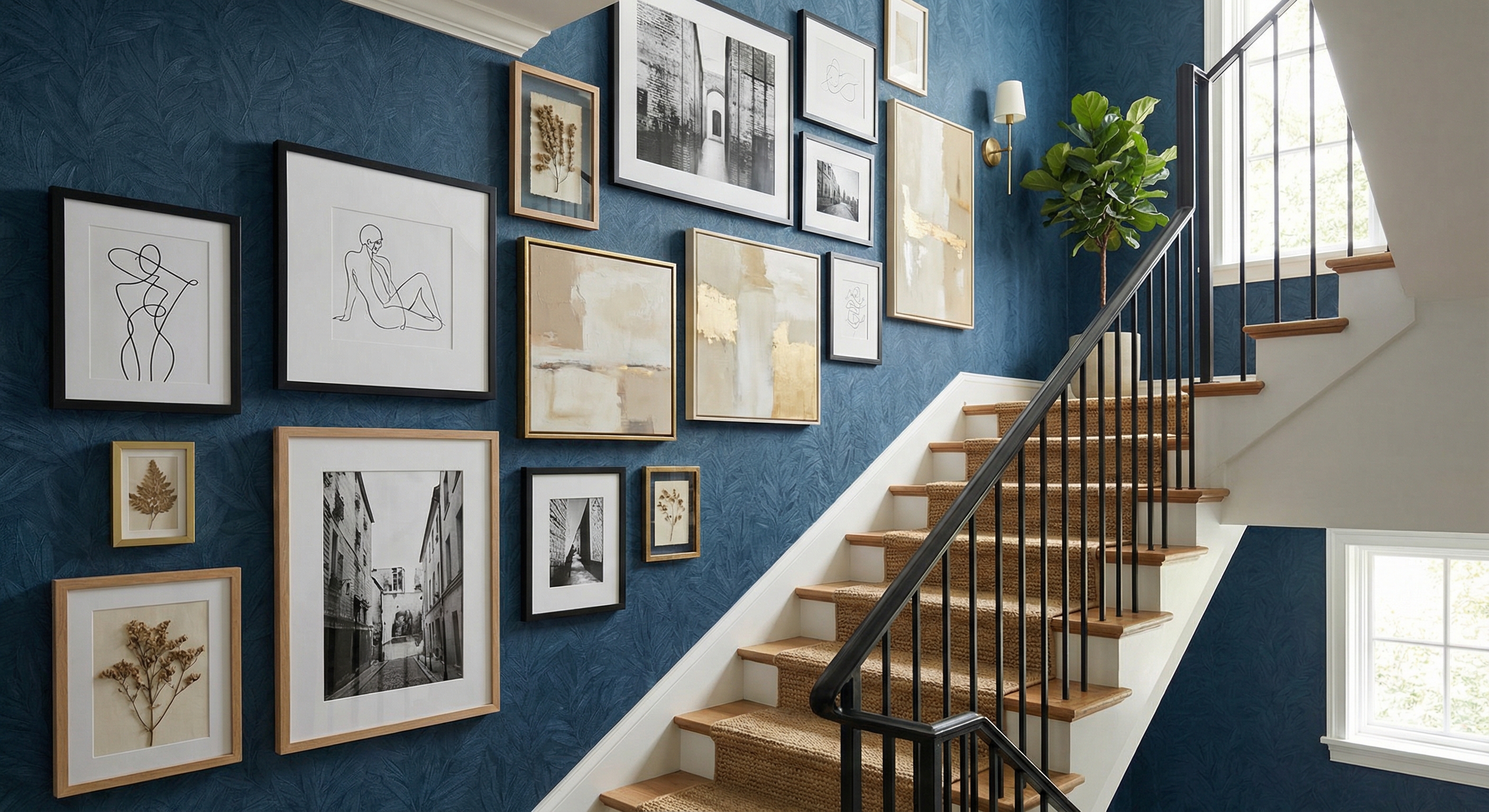Stairs Gallery Wall with Dark Blue Walls, Oak Steps, Black Metal Railing, and Mixed Frames