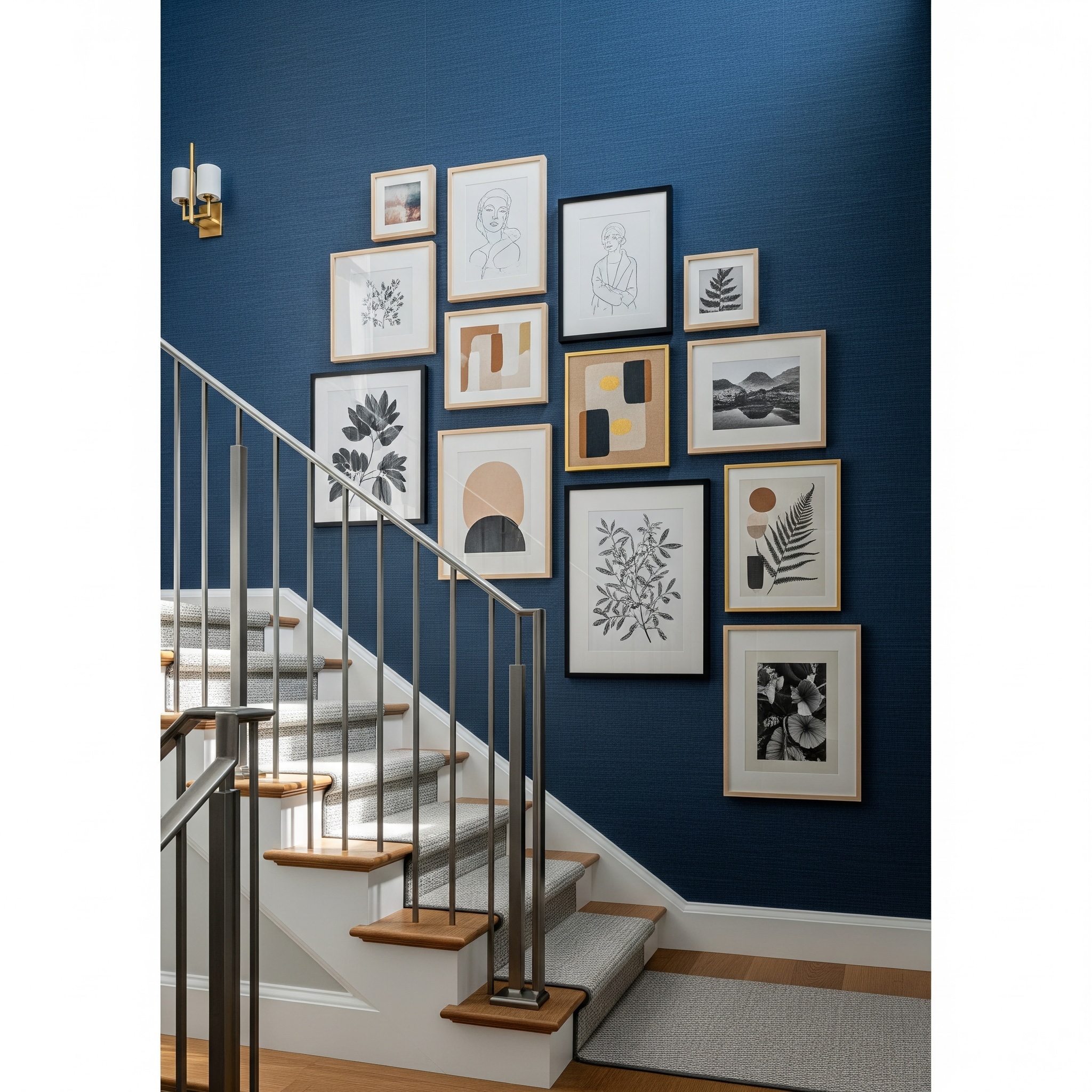 Stairs Gallery Wall with Dark Blue Walls, Oak Steps, Black Metal Railing, and Black & Birch Frames