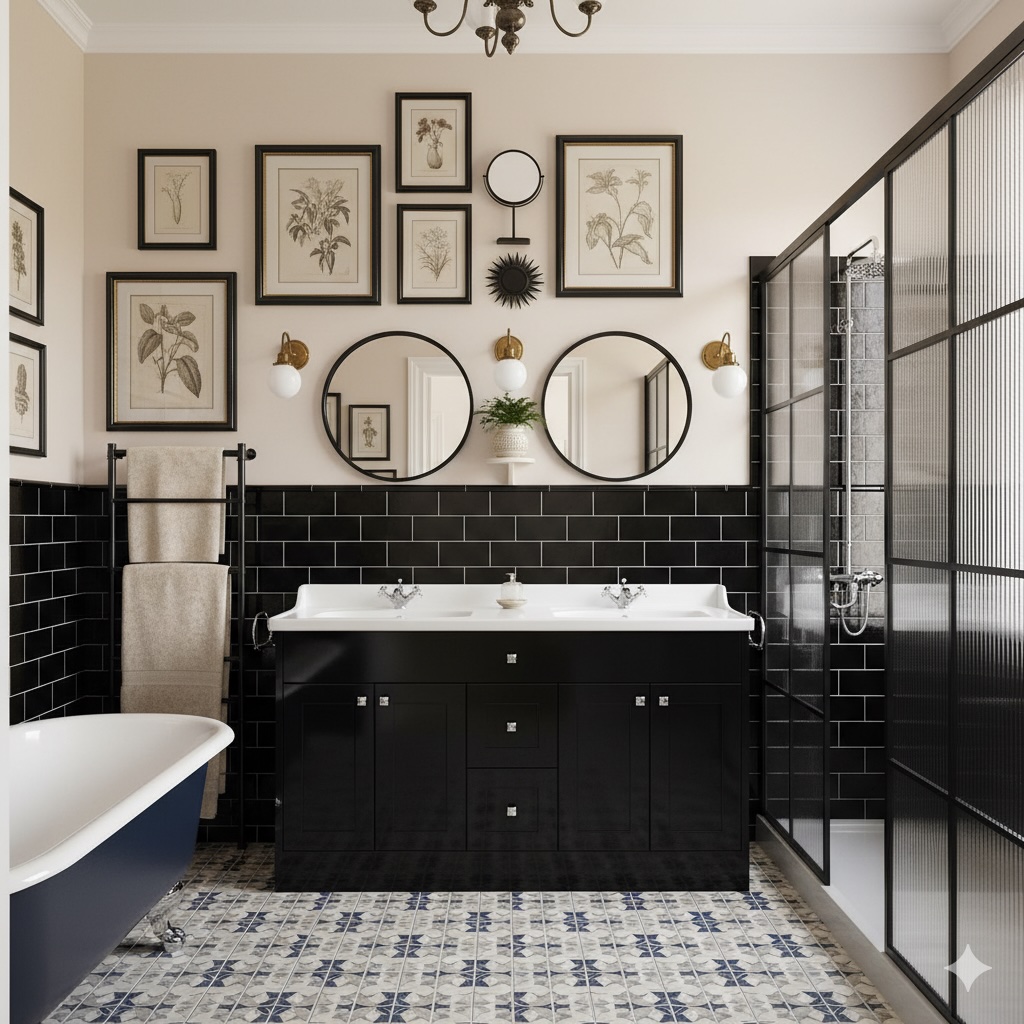 Transitional Bathroom Gallery Wall with Cement Tiles, Black Frames and Deep Blue Accents