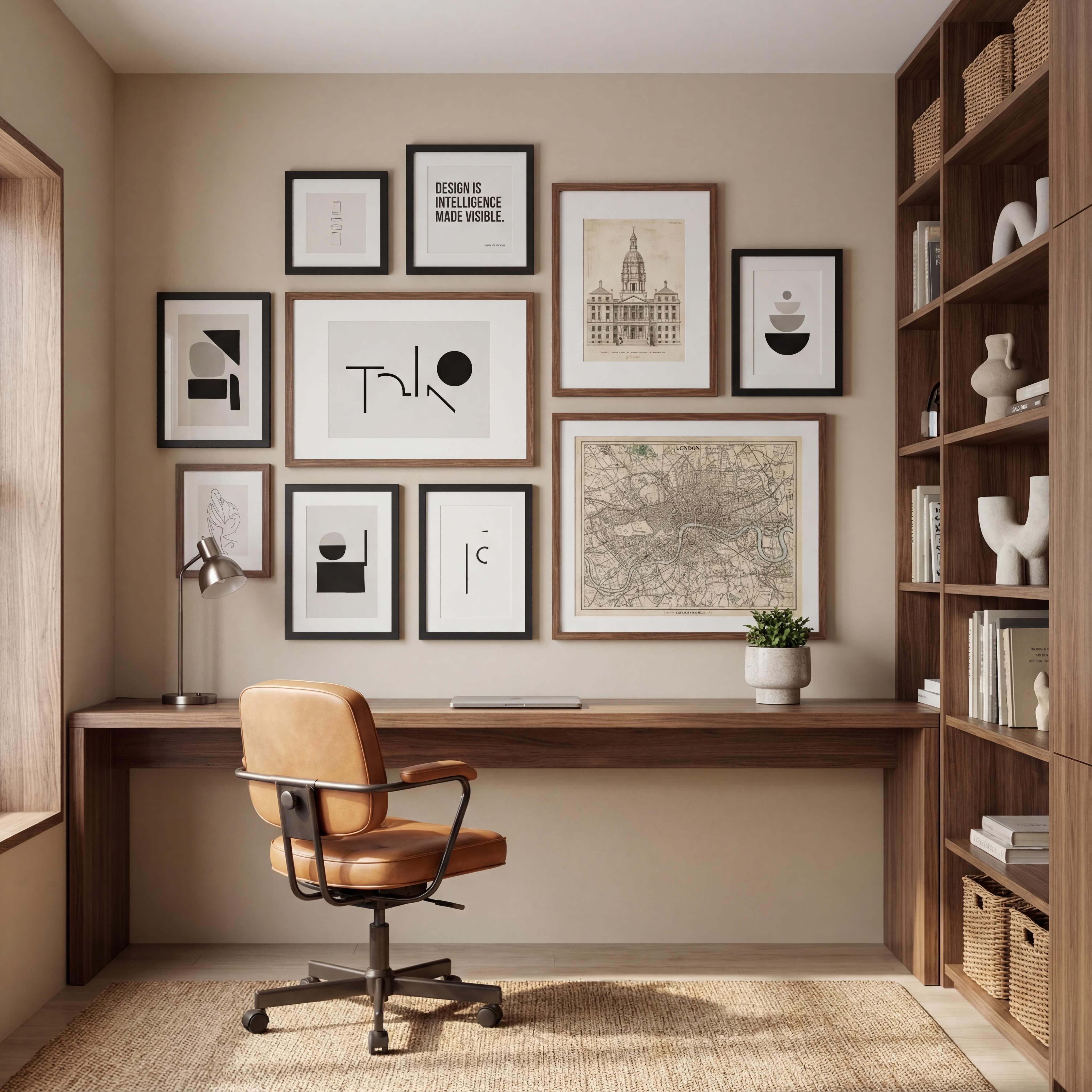 Home Office Gallery Wall with Brown Frames, Shelves, and Modern Art Prints