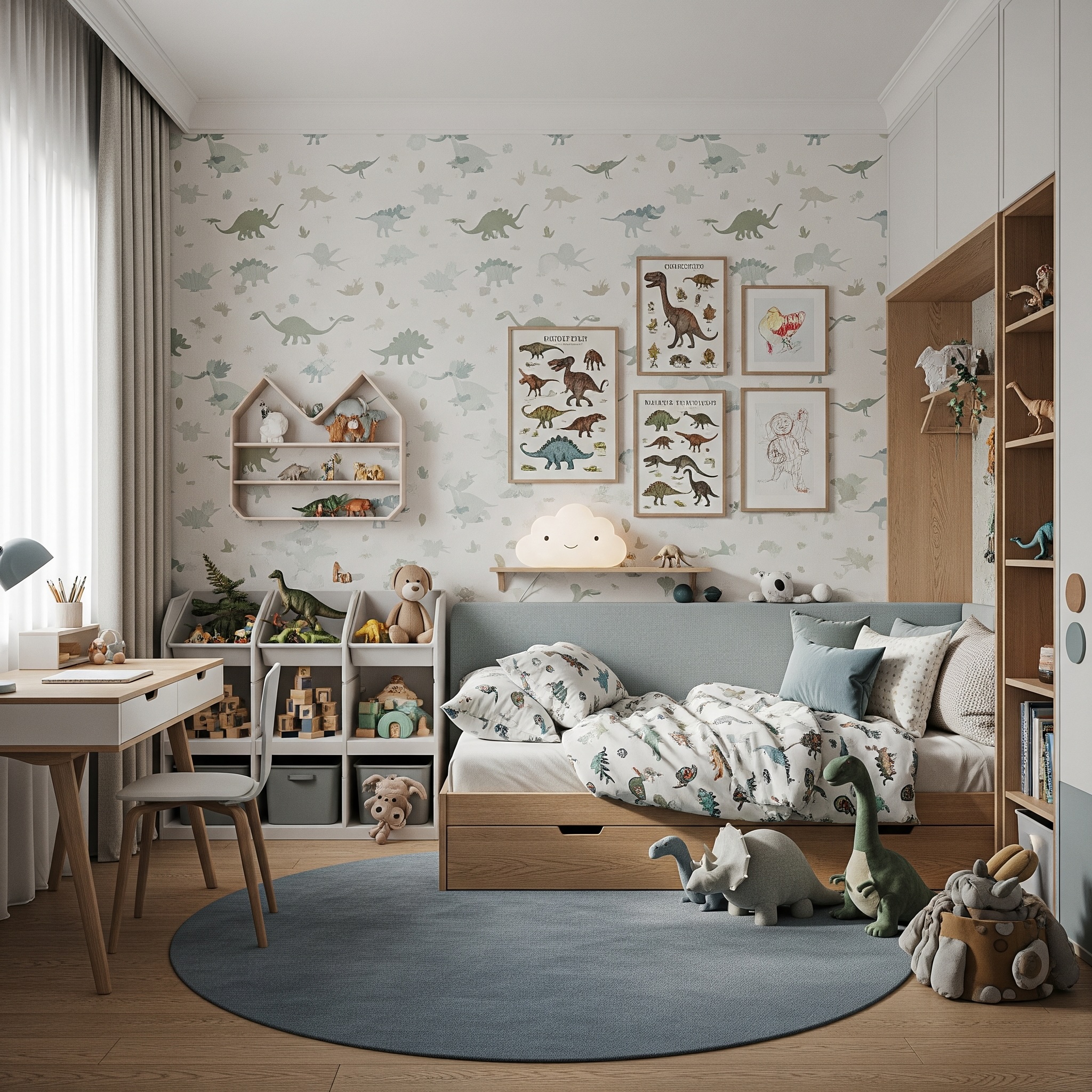 Boy Bedroom Gallery Wall with Oak Frames, Dinosaur Decor, and Soft Green, Blue & Neutral Accents