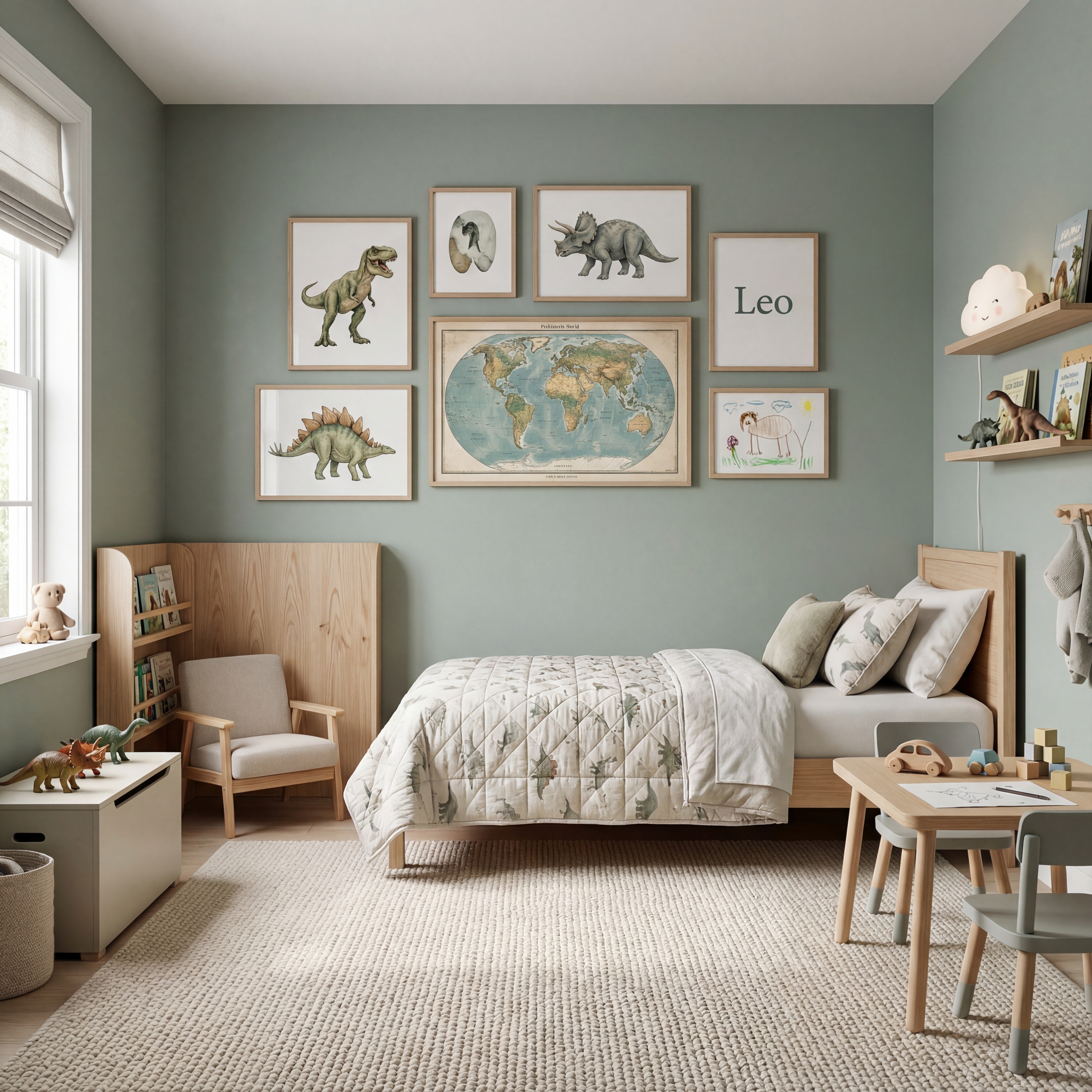 Boy Bedroom Gallery Wall with Light Oak Frames, Dinosaur Prints, World Map, and Child’s Drawings