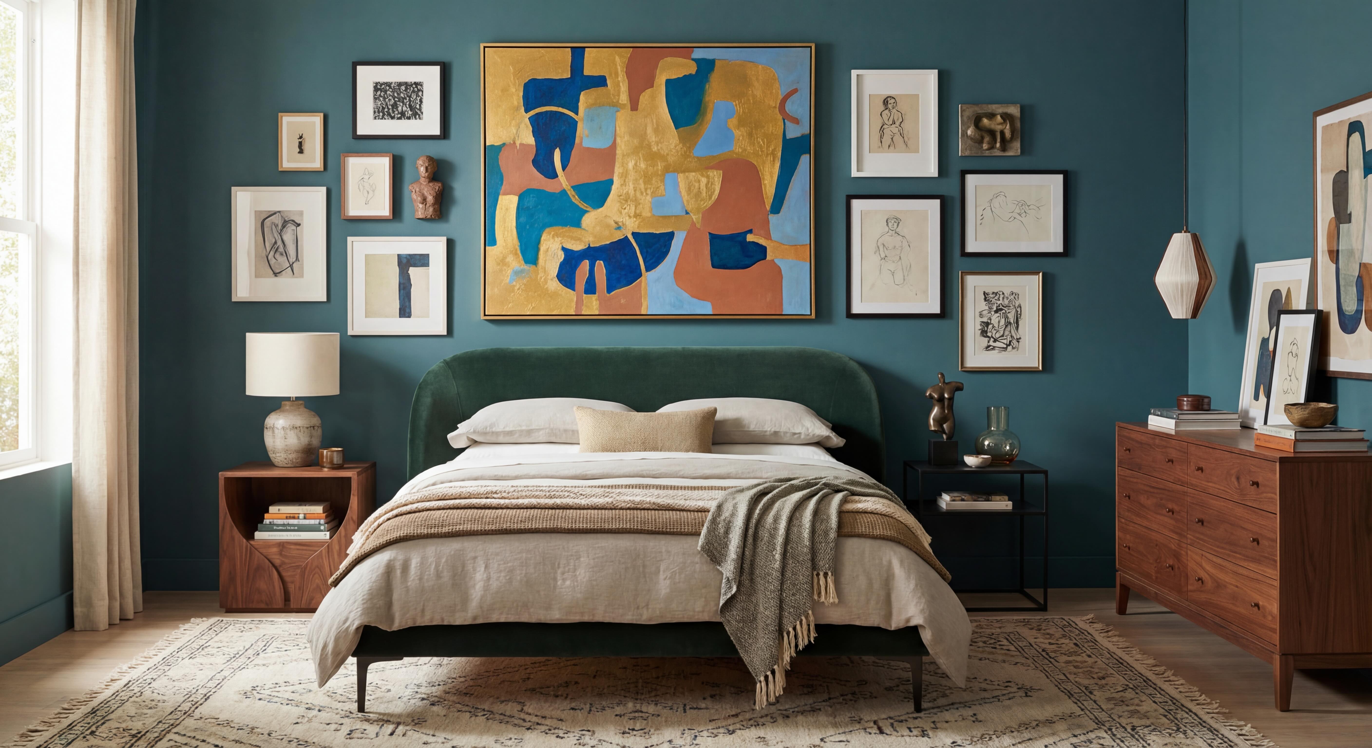 Master Bedroom Gallery Wall with Teal Walls, Mixed Frames, Sculptural Wall Art, and Colorful Abstract Painting