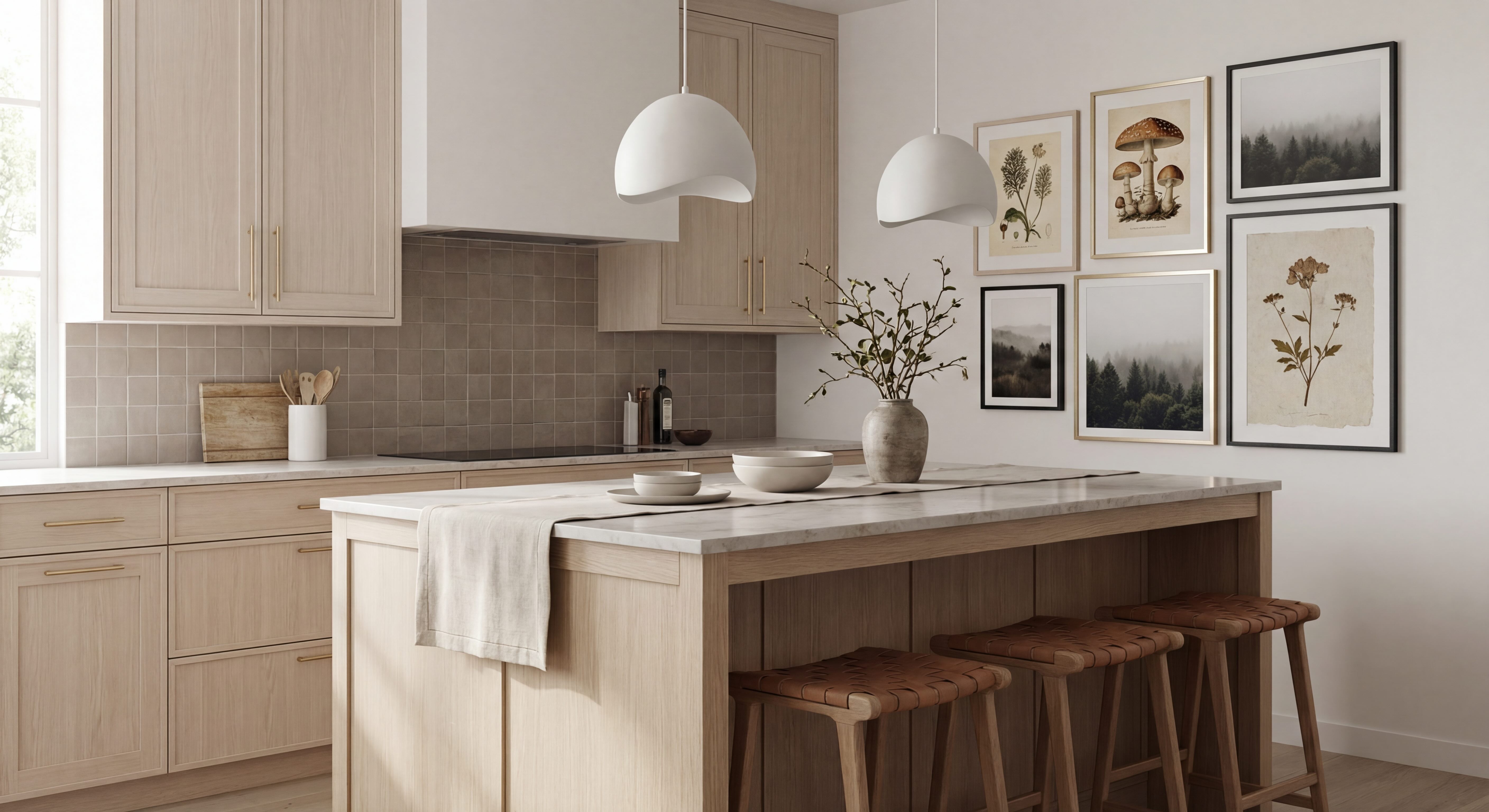 Nordic Kitchen and Dining Area Gallery Wall with Neutral Beige and Sand Tones, White Walls and Birch, Black and Gold Frames