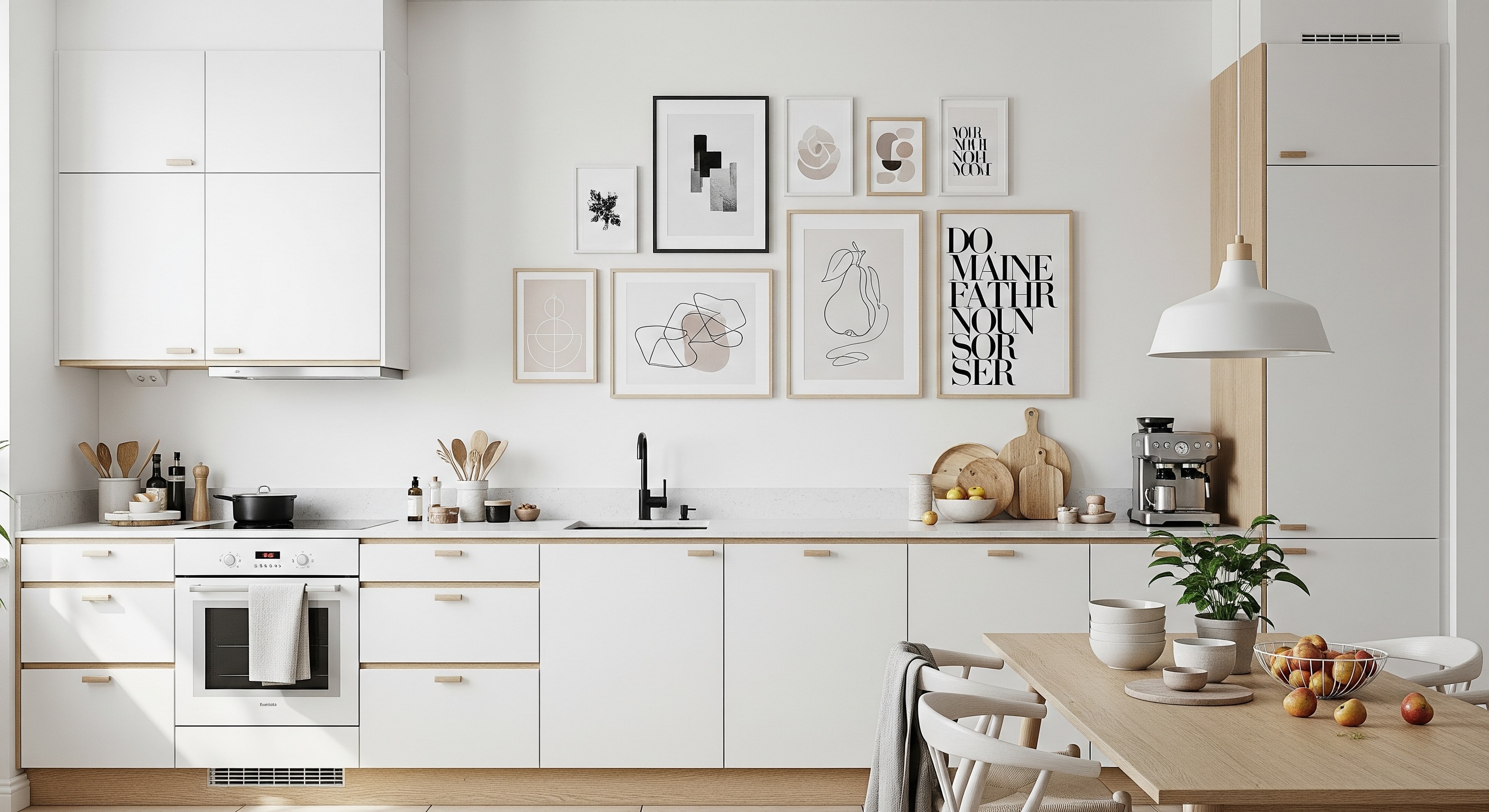 Modern Kitchen and Dining Area Gallery Wall with White and Beige Tones and Birch, Black and White Frames