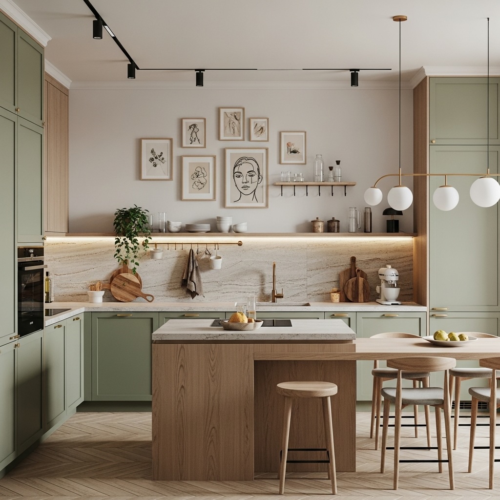 Sage Green Kitchen Gallery Wall with Warm Oak Frames