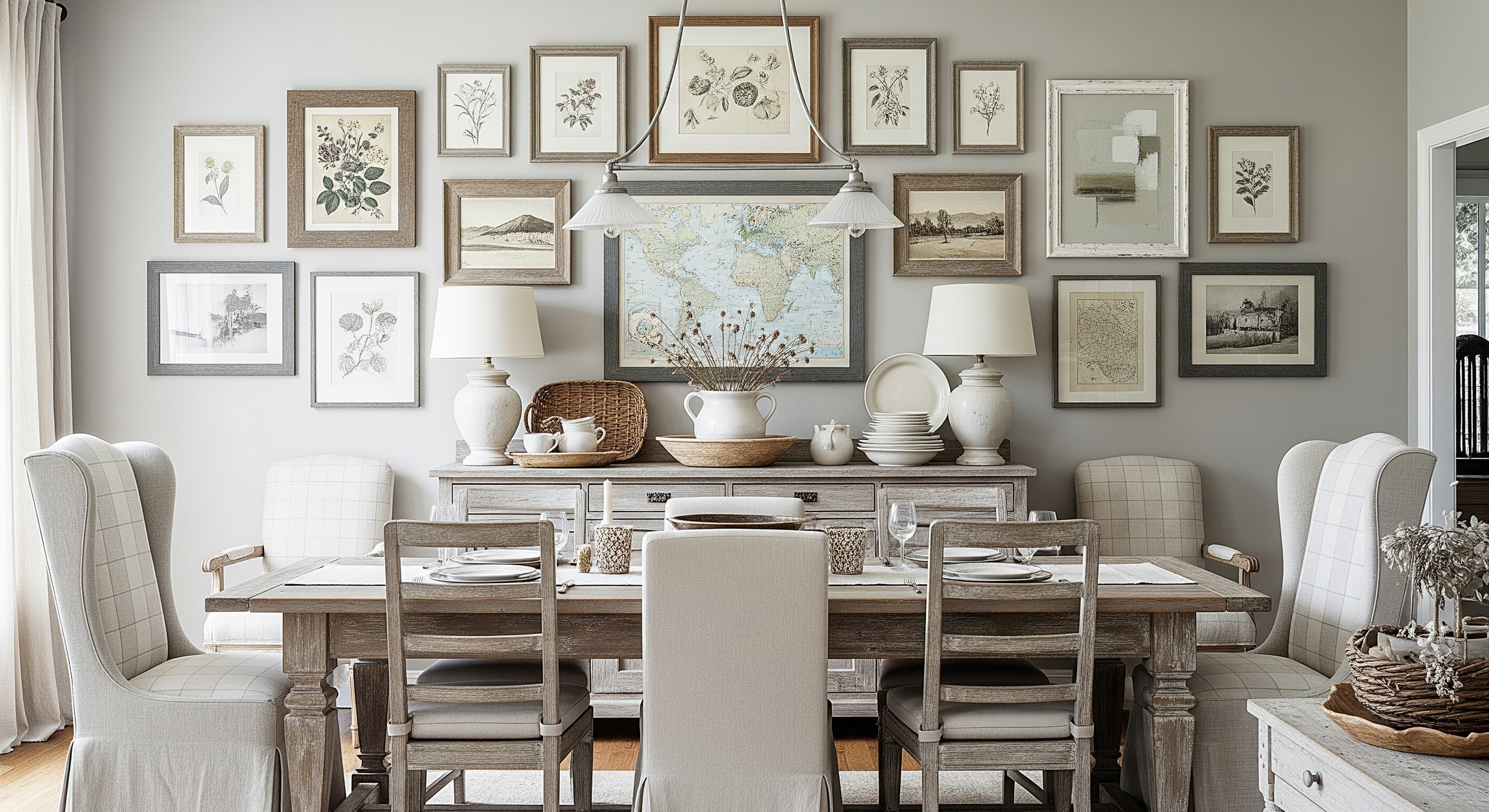 Chic Rustic Countryside Dining Room Gallery Wall with White, Cream, Beige and Taupe Tones and Distressed Wood Frames