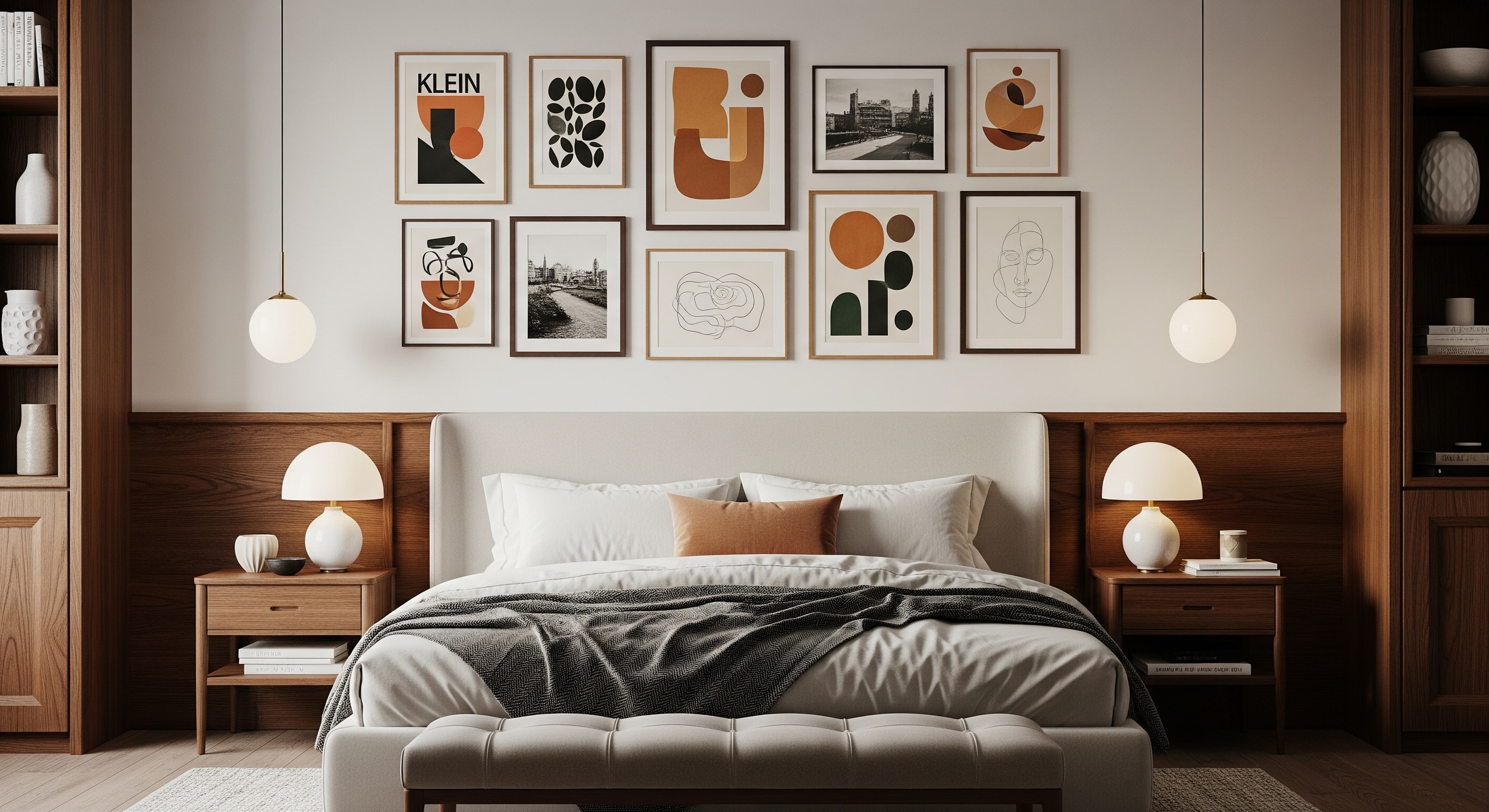 Vintage Bedroom Gallery Wall with Neutral Beige Tones and Wood and Black Frames