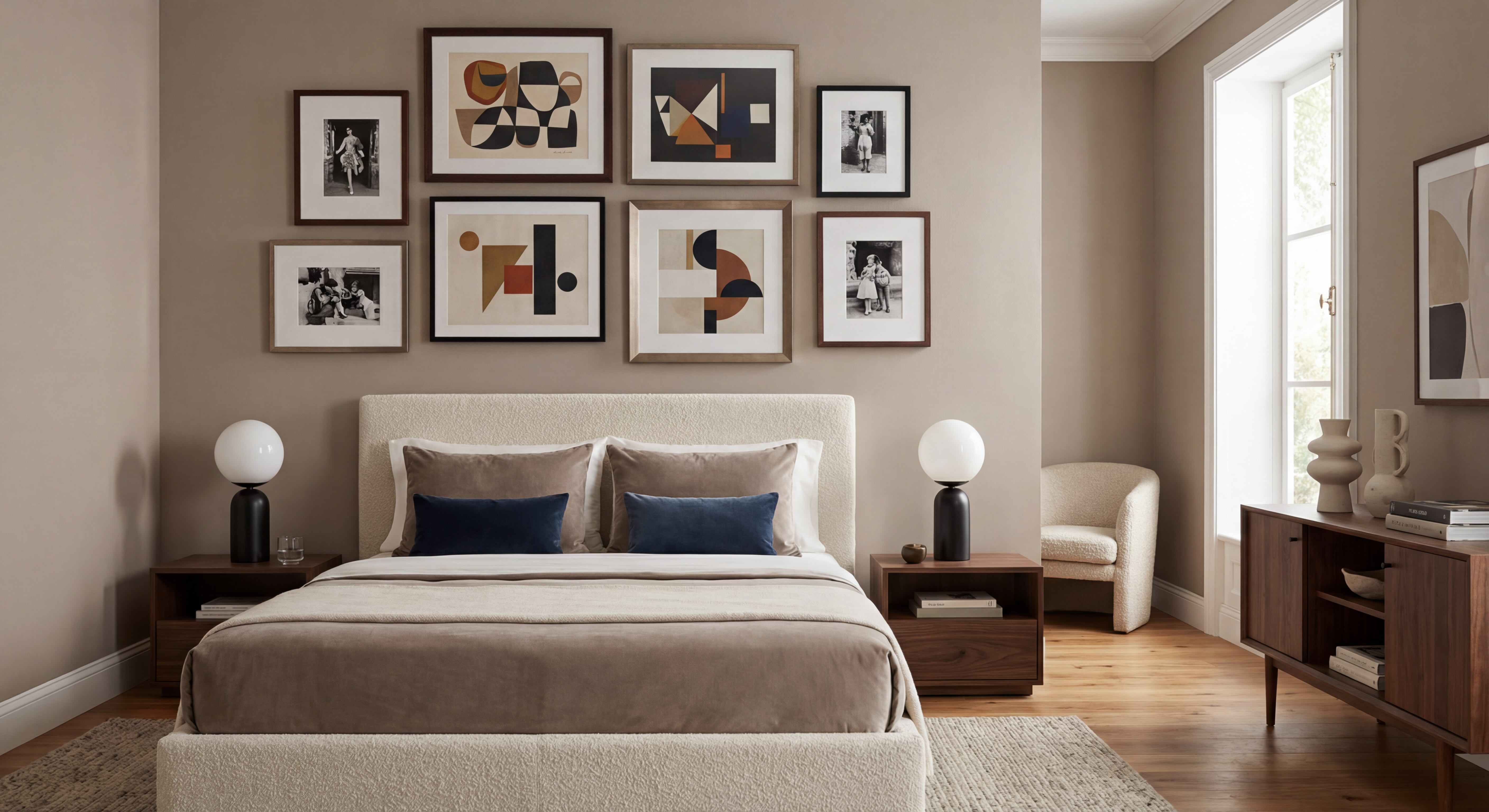 Vintage Bedroom Gallery Wall with Blue, Beige and Terracotta Accents and Black and Bronze Frames