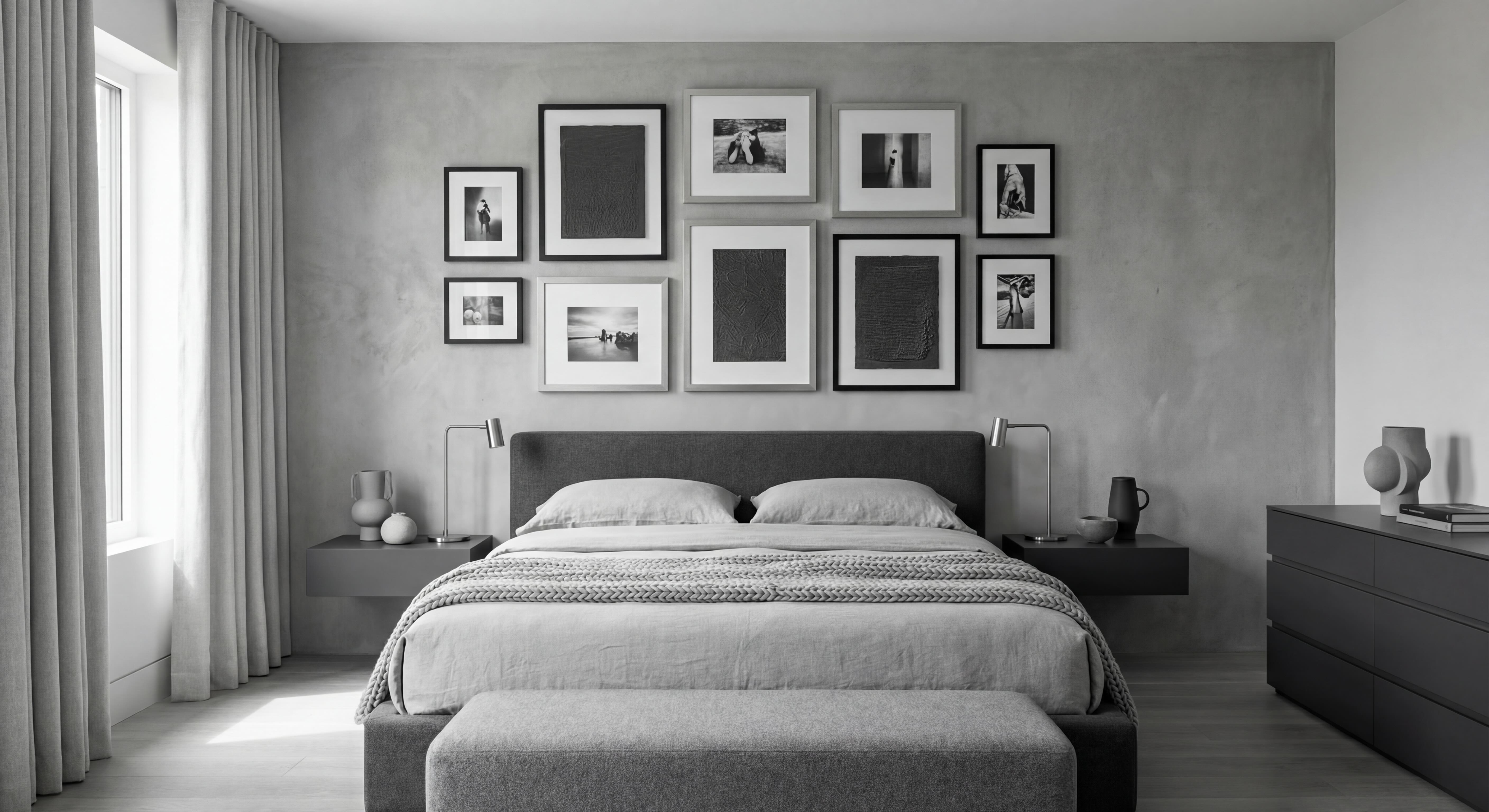 Modern Bedroom Gallery Wall in Grey with Black Frames and Dark Wood Accents