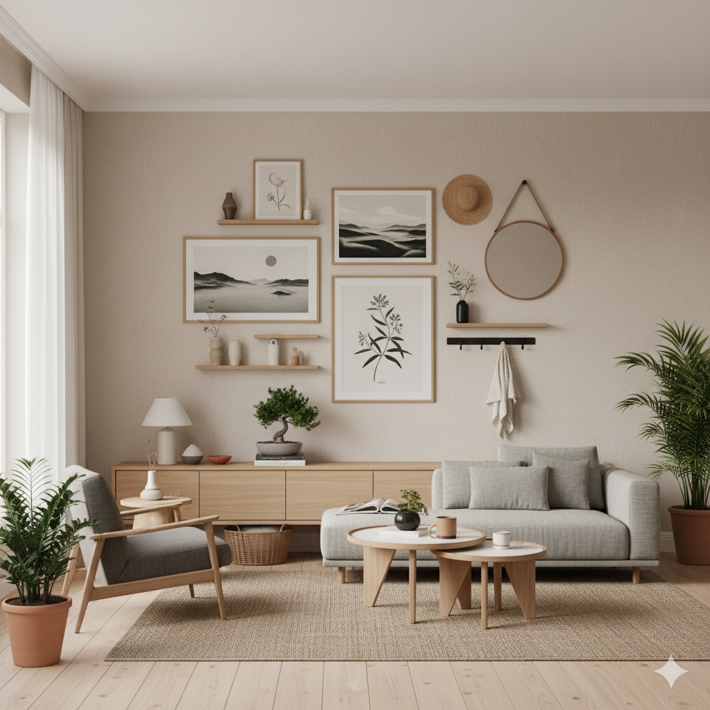 Japandi Living Room Gallery Wall with Beige Tones and Natural Birch Frames