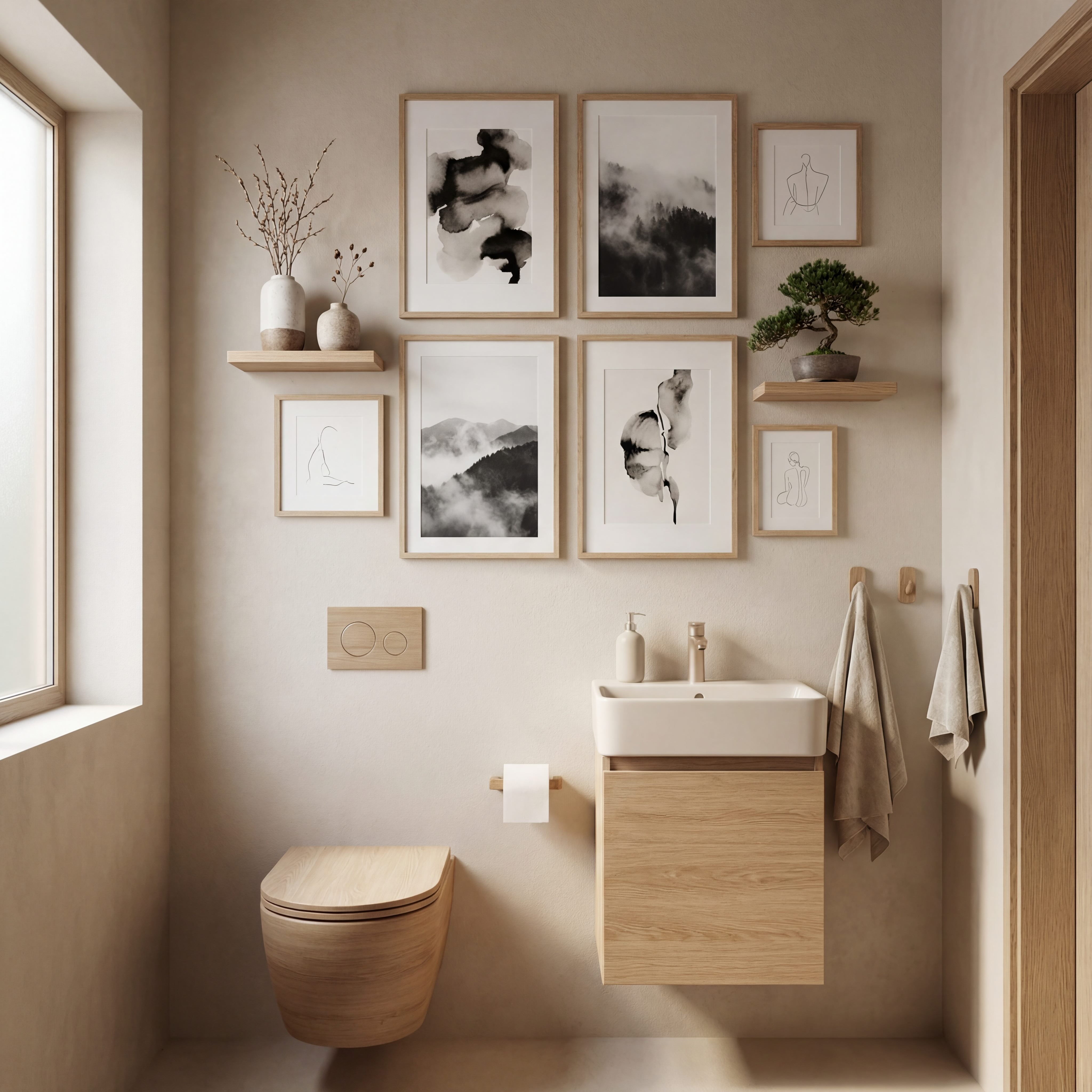 Japanese Zen Toilet Gallery Wall with Beige Neutrals, Light Wood Frames, and Abstract Ink & Pencil Art