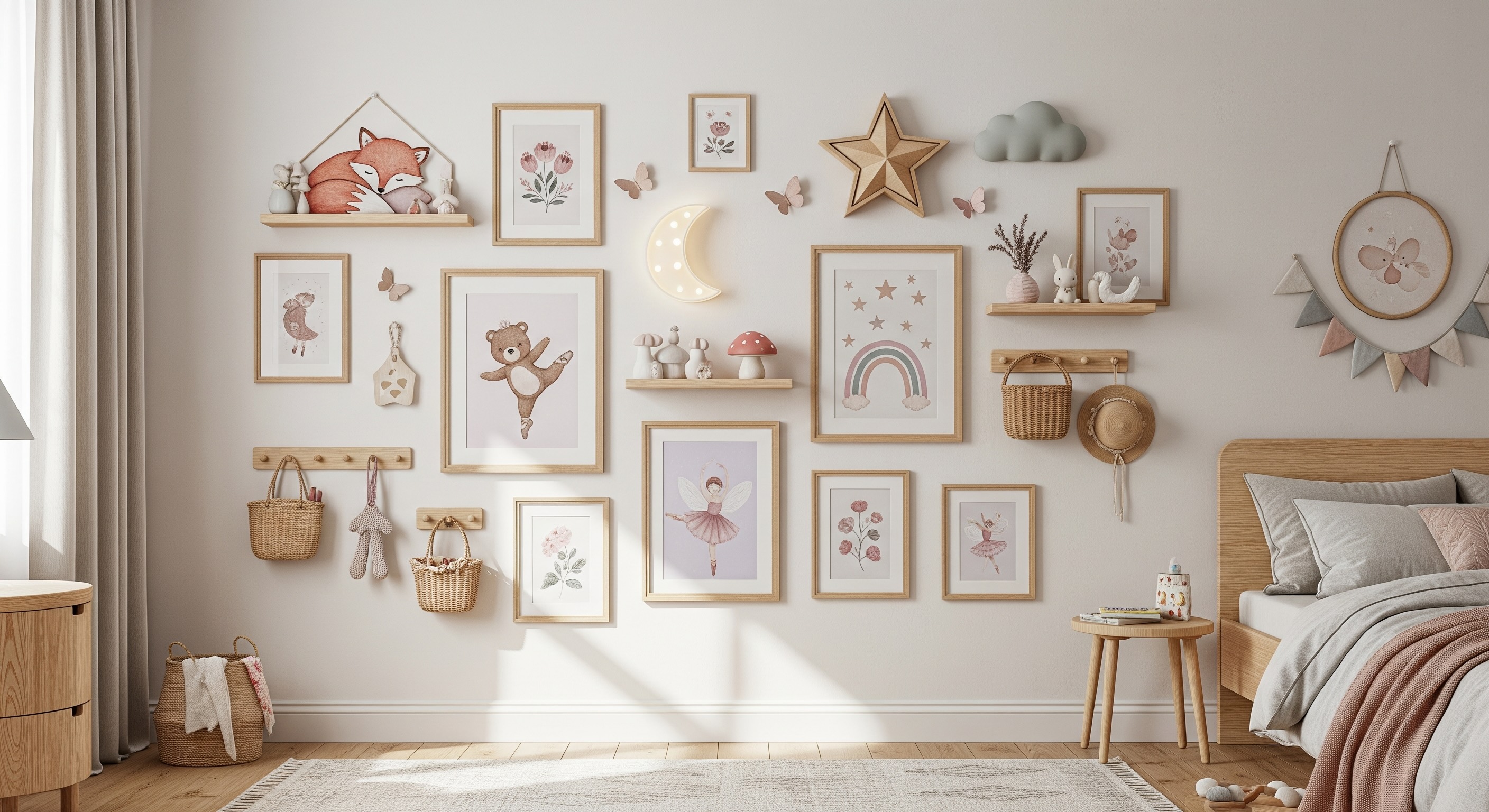 Girl Bedroom Gallery Wall with Pastel Pink and Purple Tones, Animal & Ballet Art, and Light Wood Frames