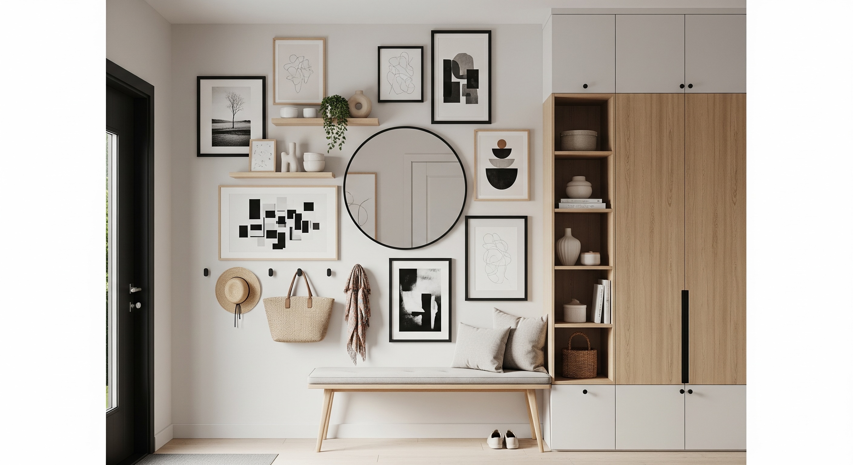 Modern Entryway Gallery Wall with Beige and Taupe Tones, Black & Birch Frames, and Round Mirror