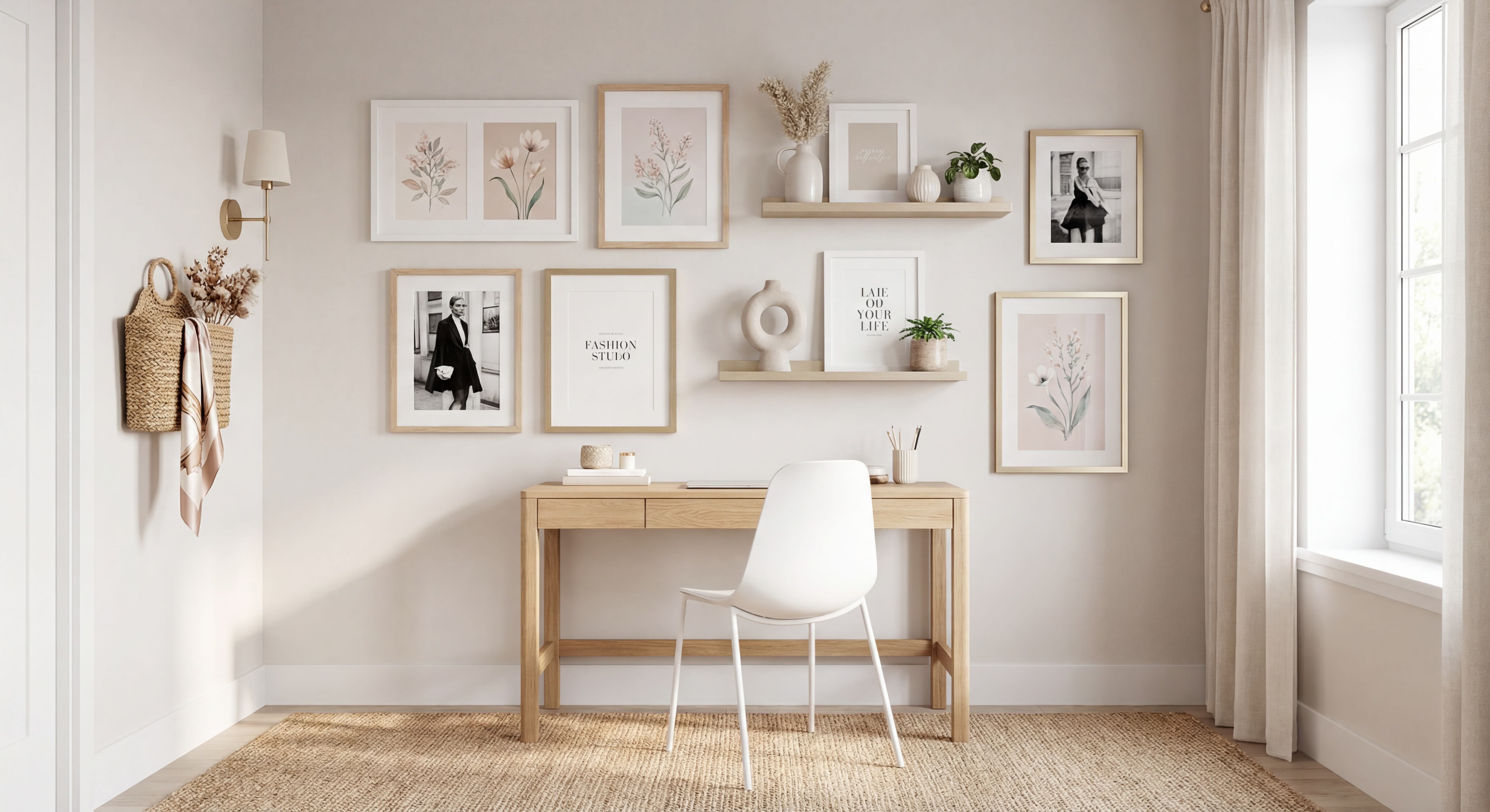 Feminine Home Office Gallery Wall with Beige and Khaki Tones, Oak, White & Gold Frames