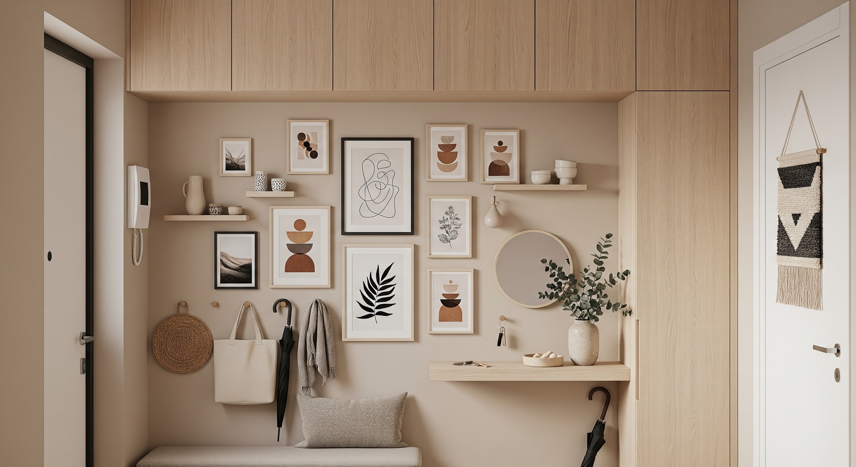 Small Modern Entryway Gallery Wall with Beige Tones, Light Wood & Black Frames, and Round Mirror