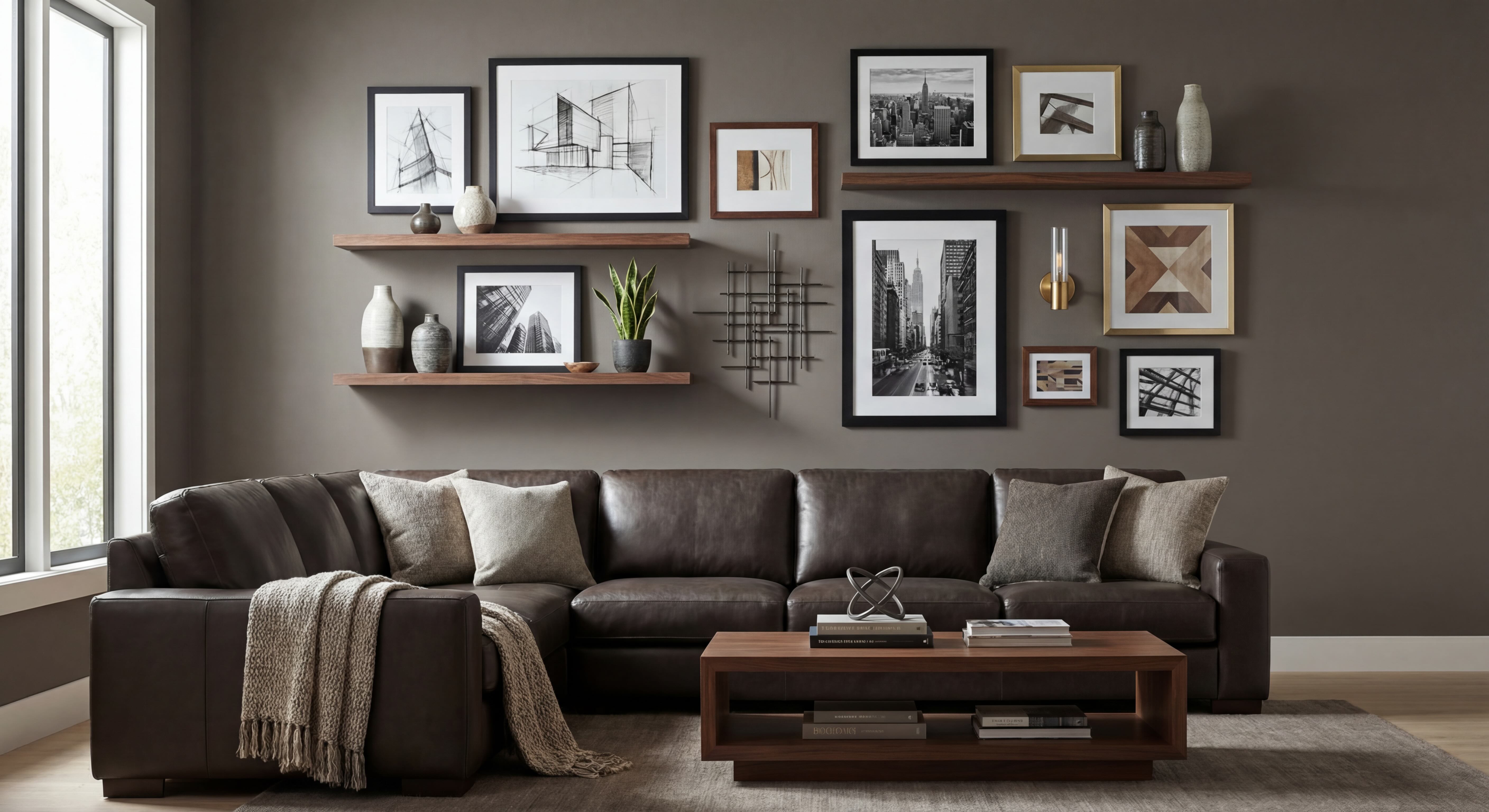 Masculine Living Room Gallery Wall with Brown Tones, Black, Gold & Cherry Wood Frames