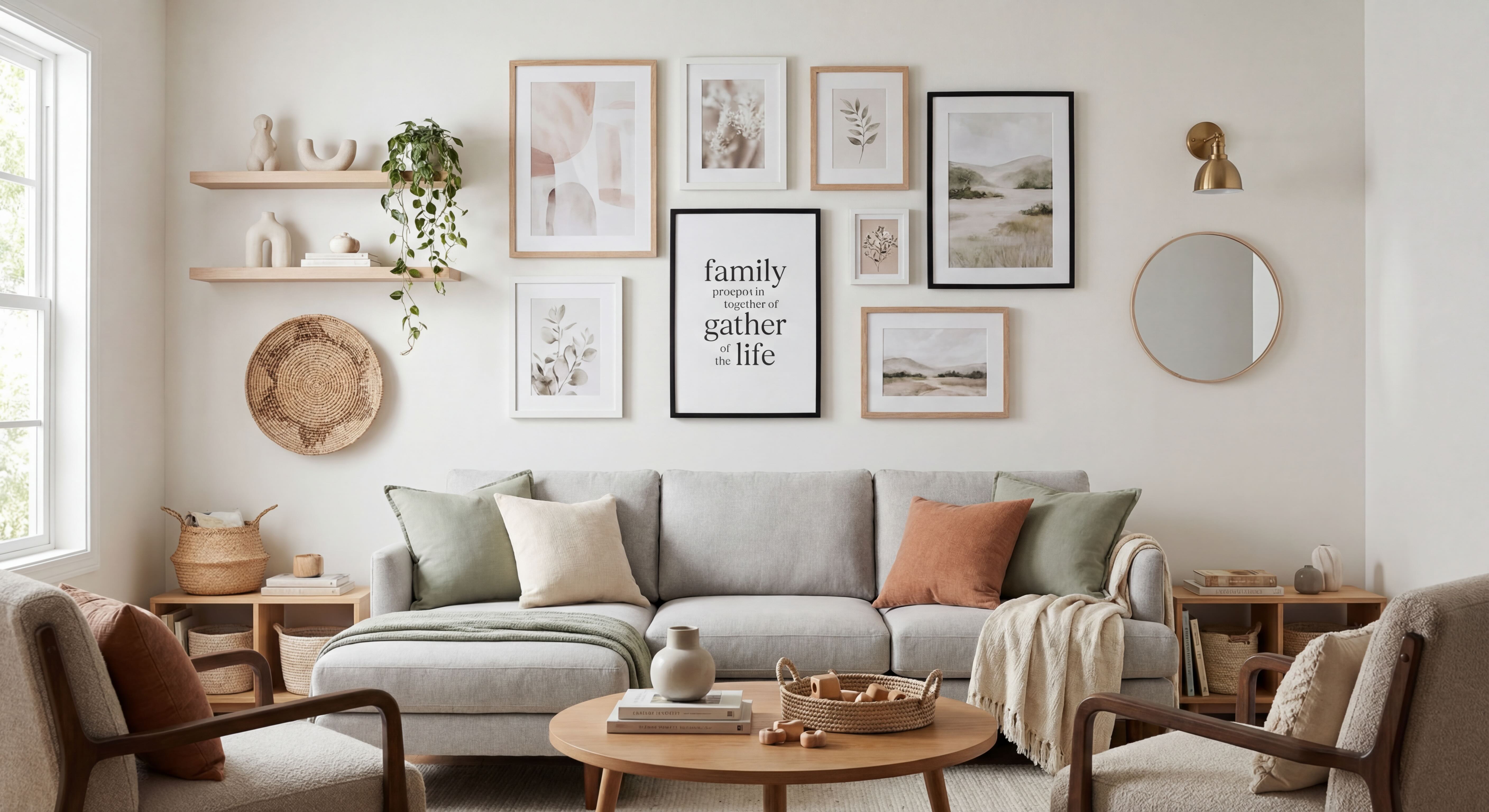 Modern Family Living Room Gallery Wall with Terracotta, Sage Green and Neutral Tones