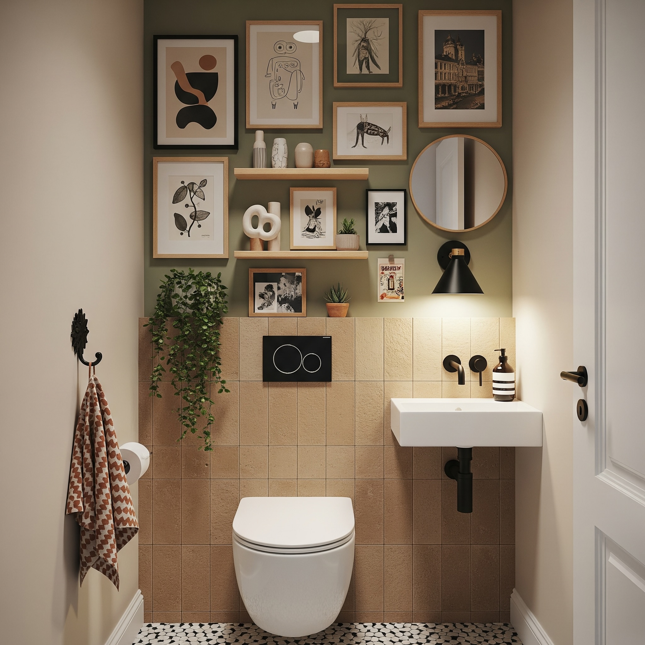 Ethnic Toilet Gallery Wall with Khaki, Brown, Beige and Light Wood Frames