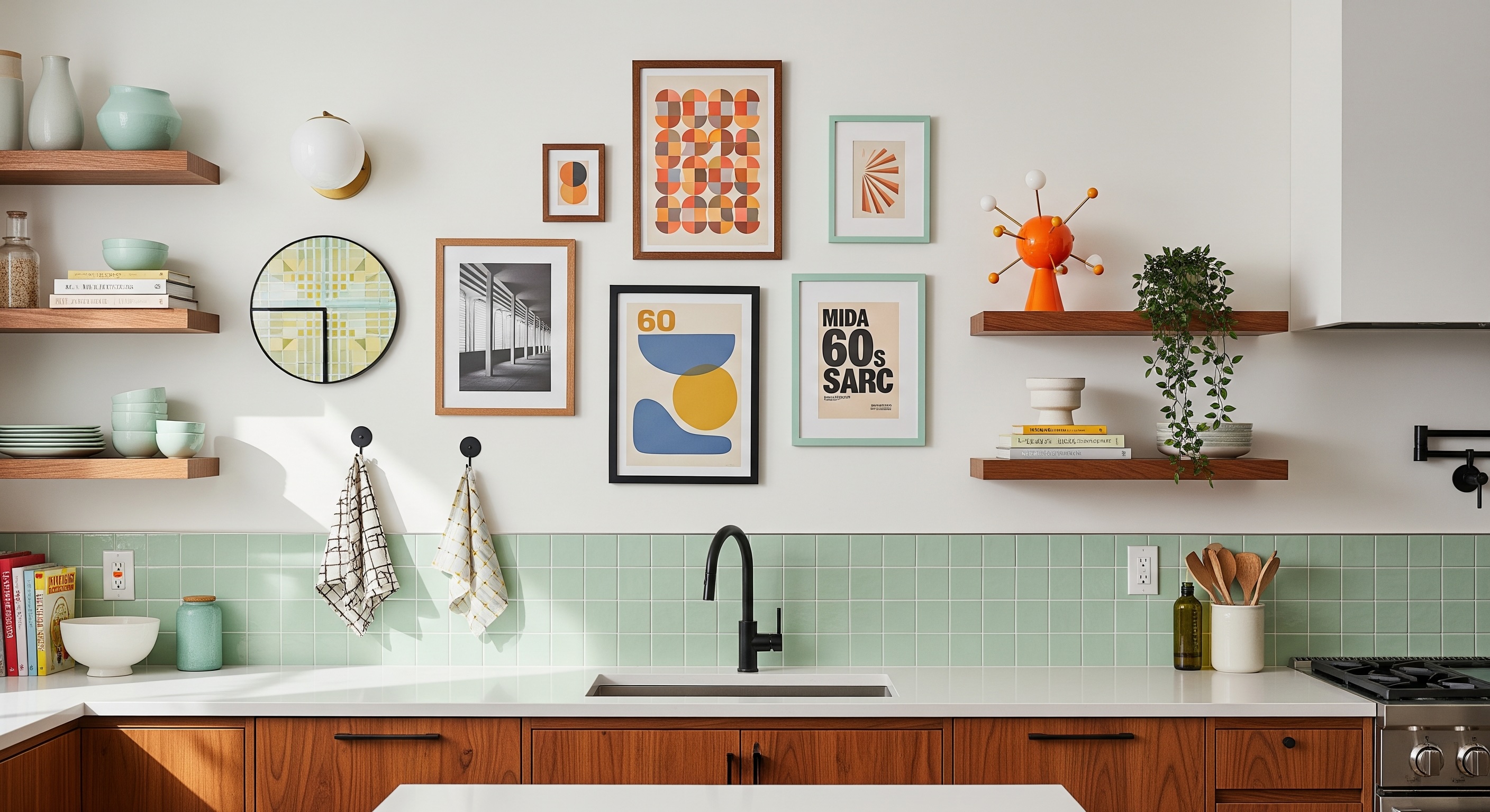 60s Modern Pop Kitchen Gallery Wall with green Retro Frames