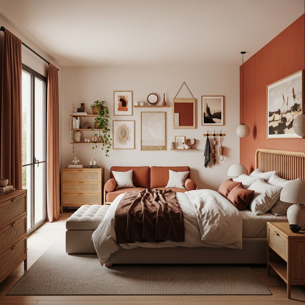 Mediterranean Bedroom Gallery Wall with Terracotta Accents, Rattan and Light Wood Frames